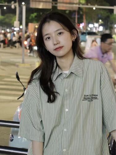 Striped Short-Sleeve Shirt for Women, Student Summer Daywear, Japanese Trend Brand, Loose Retro Layering Casual Workwear Embroidered Shirt