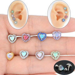 Stainless steel 16G diamond and Australian opal heart-shaped ear piercing jewelry
