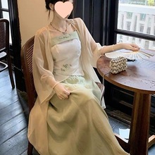 新中式女装国风改良汉服汉元素小个子绿色吊带连衣裙三件套女夏文
