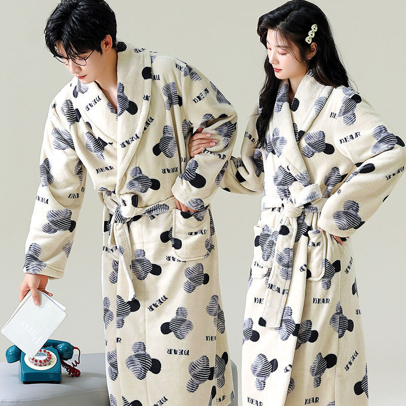 情侣睡袍男女秋冬季加厚珊瑚绒保暖长袖春秋法兰绒睡衣可外穿浴袍