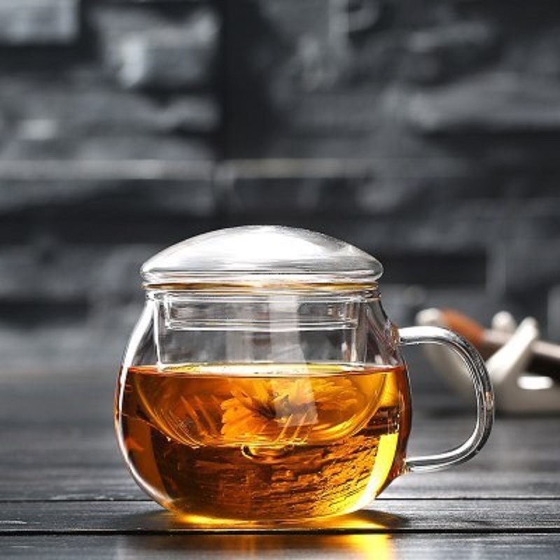 Vidrio taza de té de vidrio con mango flor taza de té redonda taza divertida taza de tres piezas taza de té taza de agua de oficina con tapa