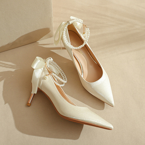 Fuhao pointed toe high-heeled shoes and stiletto heels  new bow-knot pearl strap work shoes fashionable pumps sexy