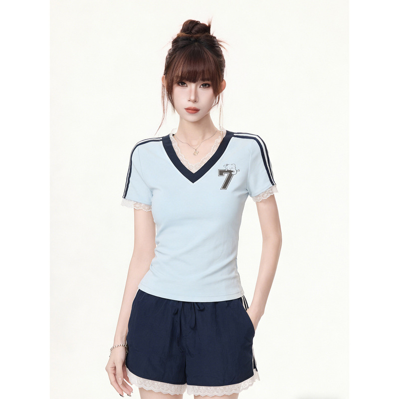 Jiyou American-Style Printed V-Neck Short-Sleeve T-Shirt for Women, Summer Unique Lace Splicing New Sports Top