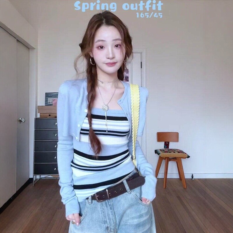 Korean-Style Sweet Girl Style Short Knitted Cardigan, Thin and Slim-Fitting for Spring and Autumn, Versatile Striped Camisole Inner Wear Two-Piece Set Korean-Style Sweet Girl Style Short Knitted Cardigan, Thin and Slim-Fitting for Spring and Autumn, Versatile Striped Camisole Inner Wear Two-Piece Set