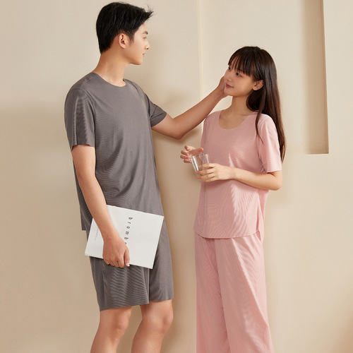 Men's Sleepwear Ice Silk Women's Style Summer Short Sleeve Long Pants Thin Couple Air Conditioning Clothes Youth Casual Home Set