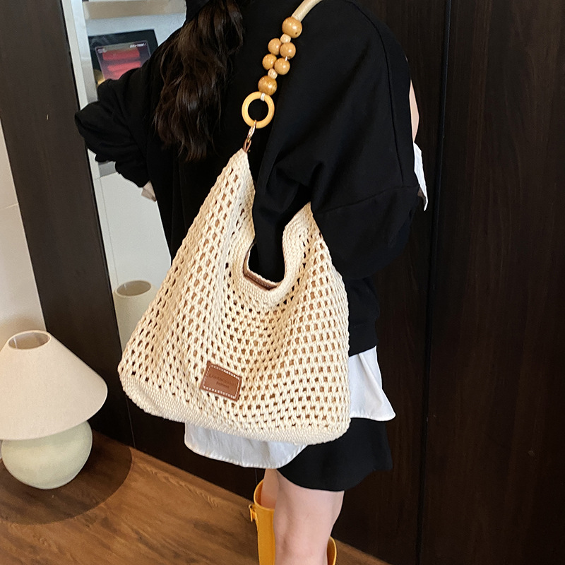 Bolso Tote de Paja Tejida para Playa de Paja Tejida con Diseño Calado para Playa y Vacaciones