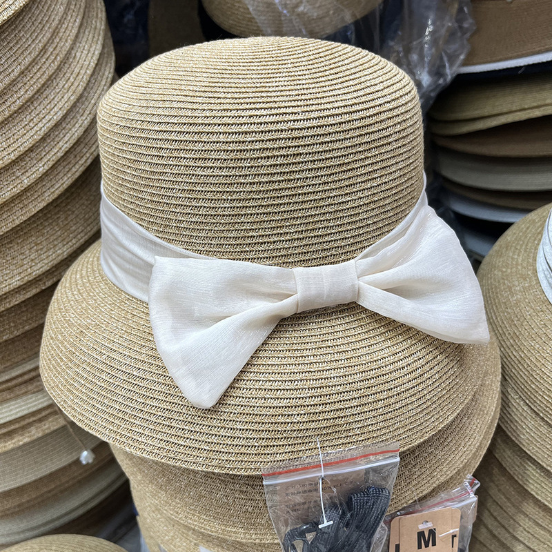 French Retro Lampshade Straw Hat for Women Summer Gauze Bow Small Brim Sun Hat Fine Straw Beach Sunshade Fisherman Hat