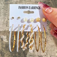 欧美跨境新款爱心耳环6件套创意珍珠镶钻金色圆圈耳环套装earring
