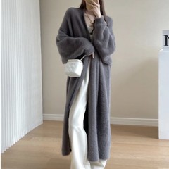 跨境针织开衫毛衣女秋冬新款宽松大码显瘦慵懒风仿水貂绒长款外套