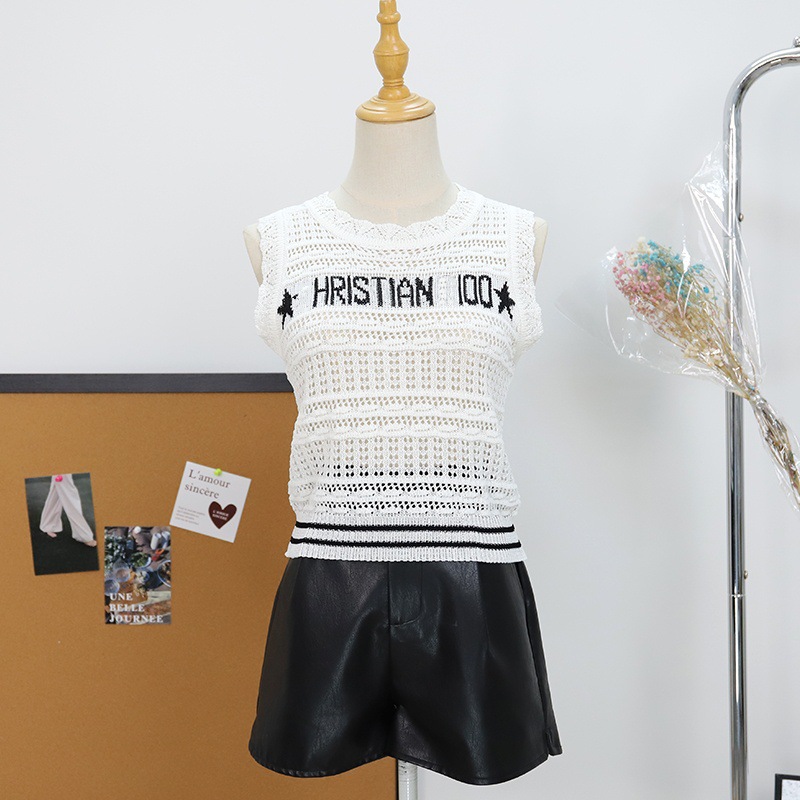 2025夏季新款时尚五角星字母提花镂空破洞圆领无袖针织背心上衣女