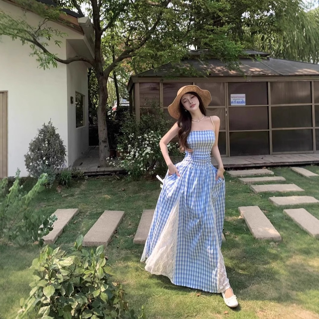 해변 홀리데이 비치를위한 블루 격자 무늬 레이스 슬링 원피스 여성의 여름 도파민 일몰 원피스