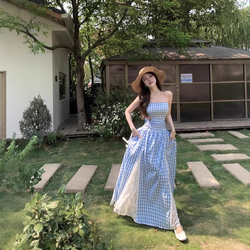 Blue Plaid Lace Sling dress Women's Summer Dopamine Sunset Dress for Seaside Holiday Beach