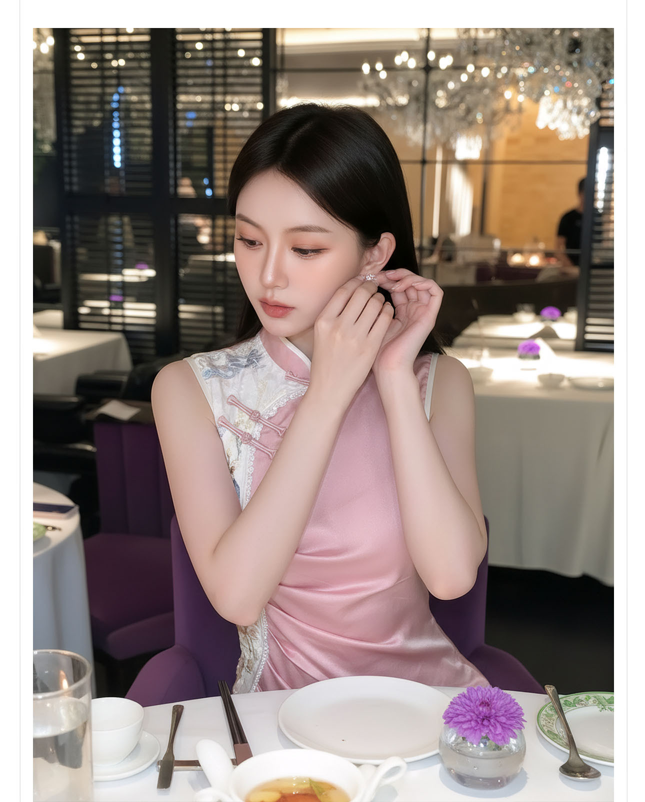 Đầm maxi nữ thắt eo cổ đứng thêu hoa phong cách Trung Hoa mùa hè — màu hồng chi tiết 6