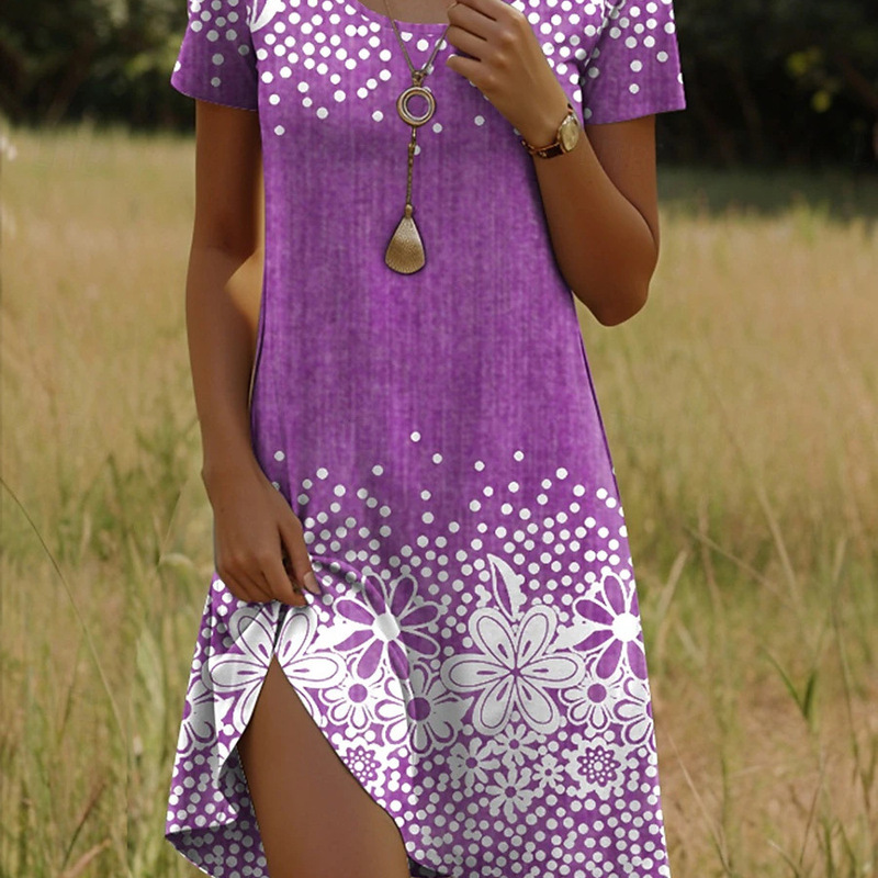 2025 New Fashion European and American Cross-Border Amazon Casual Versatile Polka Dot Floral Short-Sleeved Round Neck Mid-Length Skirt