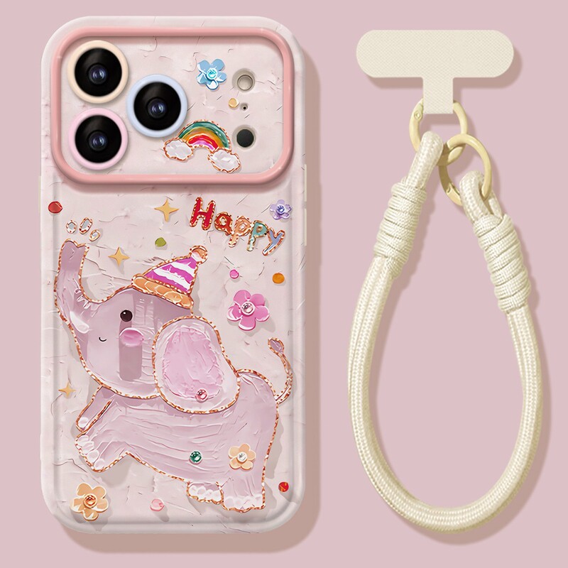 Oil Painting Little Elephant Lanyard Suitable for Apple 17 Pro Max Phone Case iPhone 15 Silicone 16 Cute 14 New Women's Model Oil Painting Little Elephant Lanyard Suitable for Apple 17 Pro Max Phone Case iPhone 15 Silicone 16 Cute 14 New Women's Model
