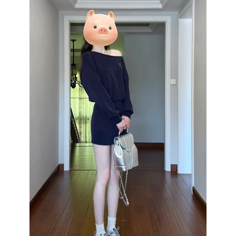 藏青色斜肩宽松包臀裙显瘦连衣裙女款秋季2025新款裙子高级感短裙|undefined