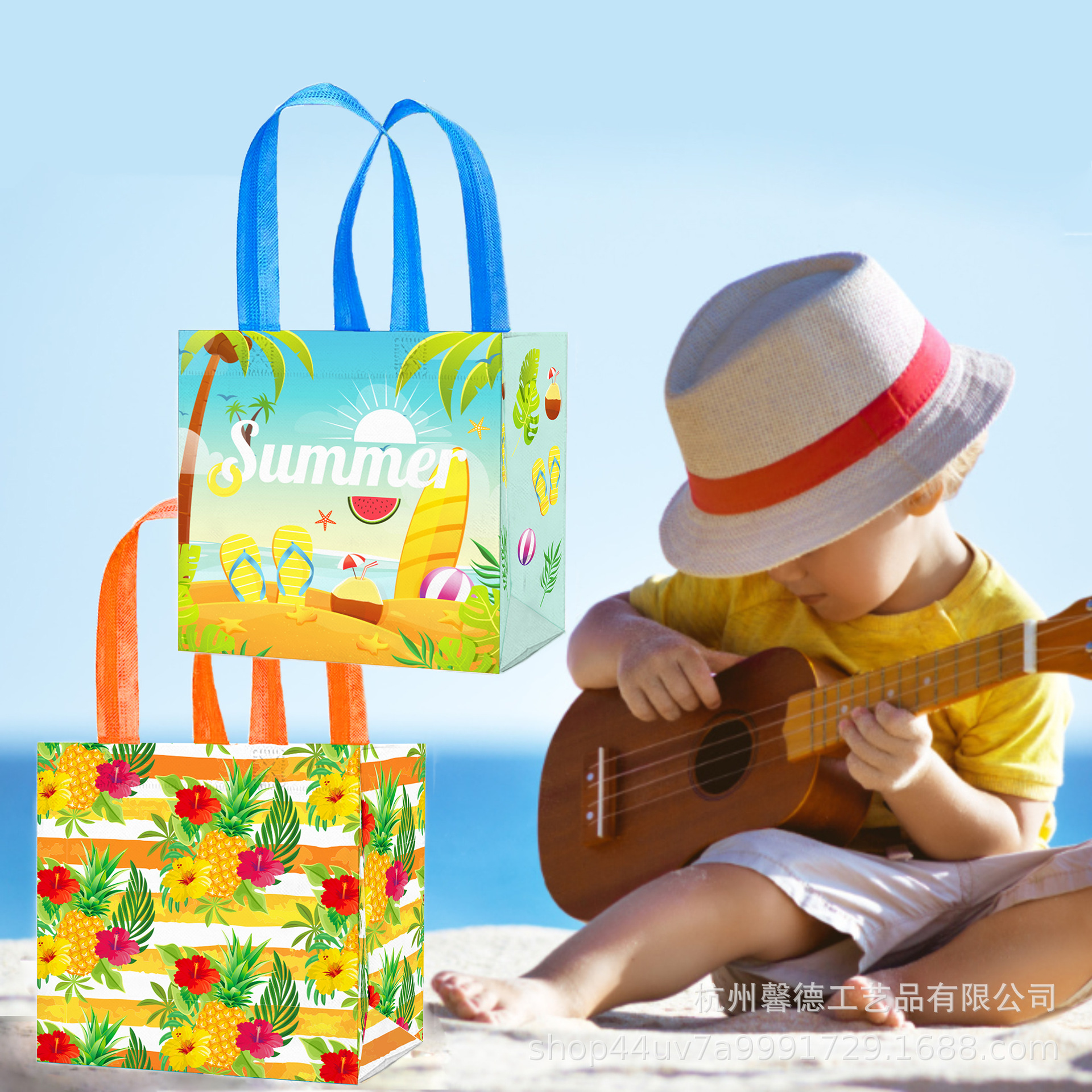 WFF003 Hawaiian playa piña HOLA VERANO fondo lado bolso no tejido