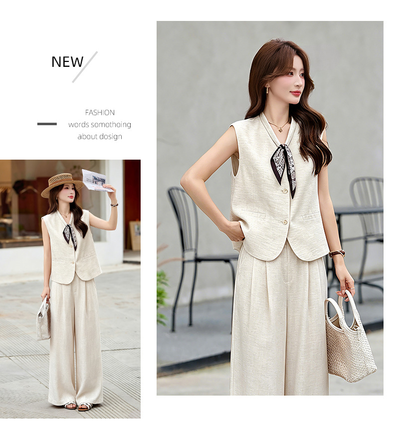 Bộ vest nữ gồm áo gile và quần tây ống đứng cạp cao — màu đen, màu cam, màu trắng ngà chi tiết 31