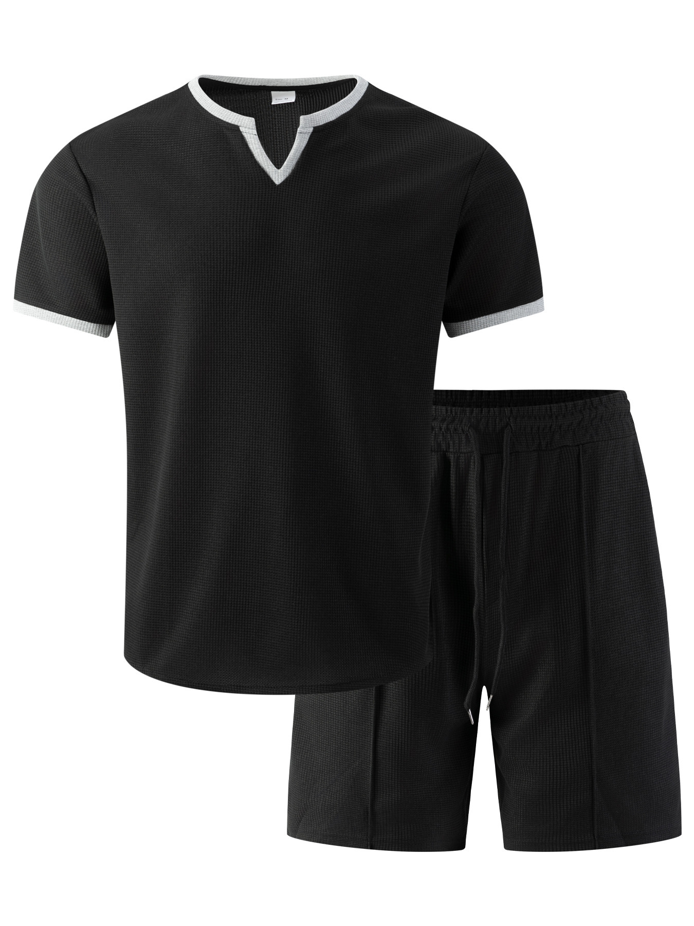 Herren Waffelstrick V-ausschnitt Set Mit T-shirt Und Kurzer Hose_voghion.com