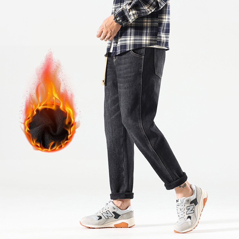 2022 Washed Xinjiang Cotton Autumn and Winter Velvet Denim Pants Warm Men's Pants Loose Casual Pants Tapered Pants