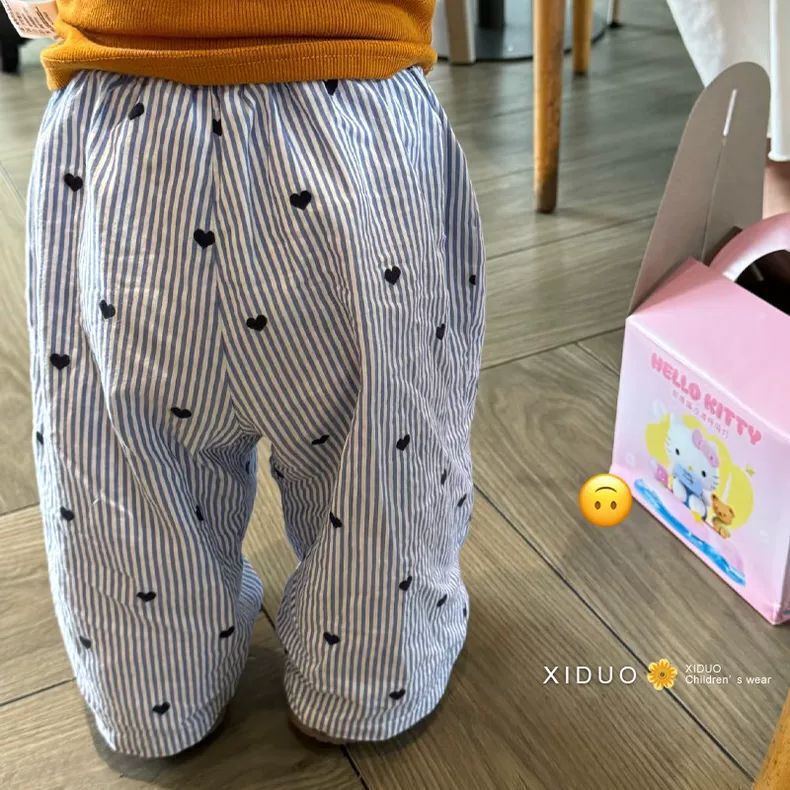 男女童舒适爱心撞色宽松休闲防蚊裤儿童童装中小童薄款条纹裤子夏|undefined