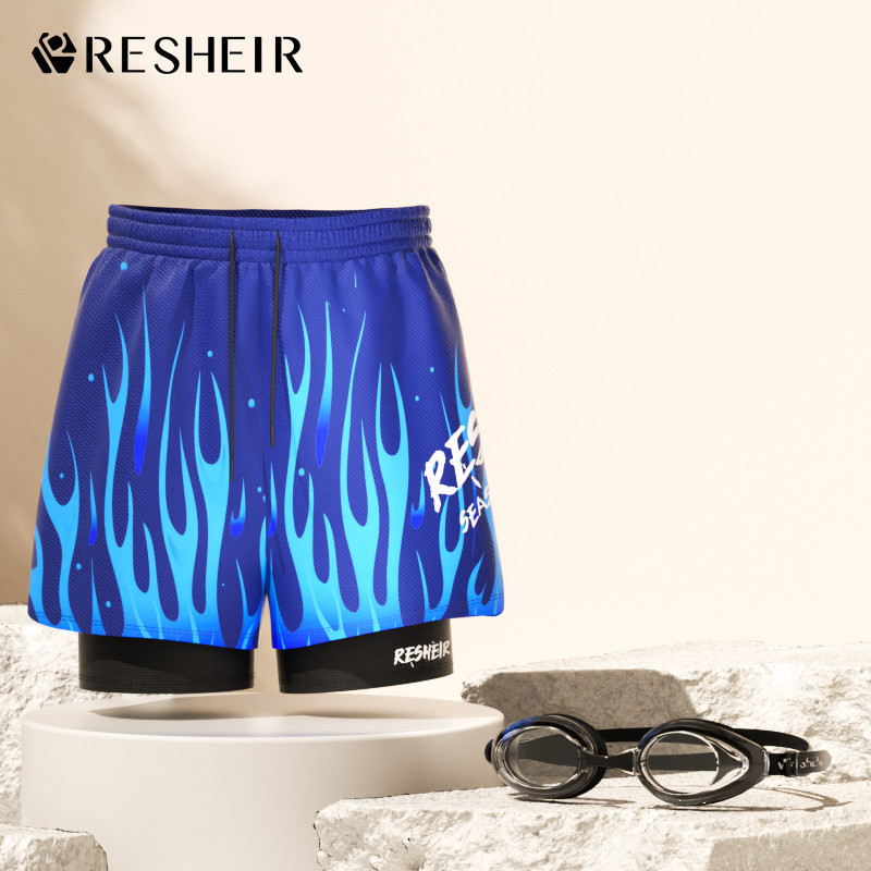 하늘색 불꽃 수영 트렁크 + 수영 고글