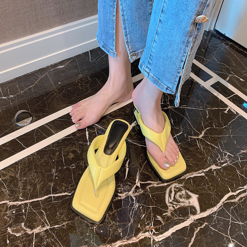 Dép sandal nữ xỏ ngón da cừu mũi vuông gót thấp — Màu đen