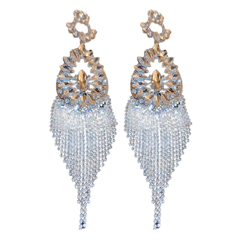 Aguja de plata diamante flor hueco pendientes de gota de agua personalidad exagerada larga borla pendientes moda europea y americana pendientes de la industria pesada