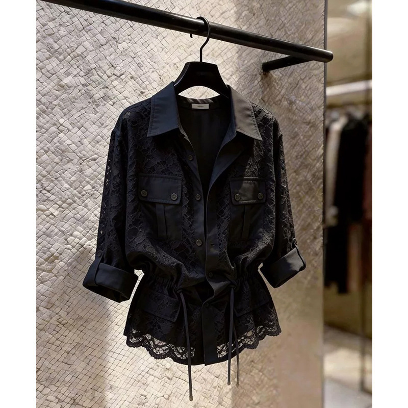 Black Design Lace Lapel Half-Sleeve Shirt for Women, 2026 Summer New Style, Waist-Cinching, Elegant and High-End Top Black Design Lace Lapel Half-Sleeve Shirt for Women, 2026 Summer New Style, Waist-Cinching, Elegant and High-End Top