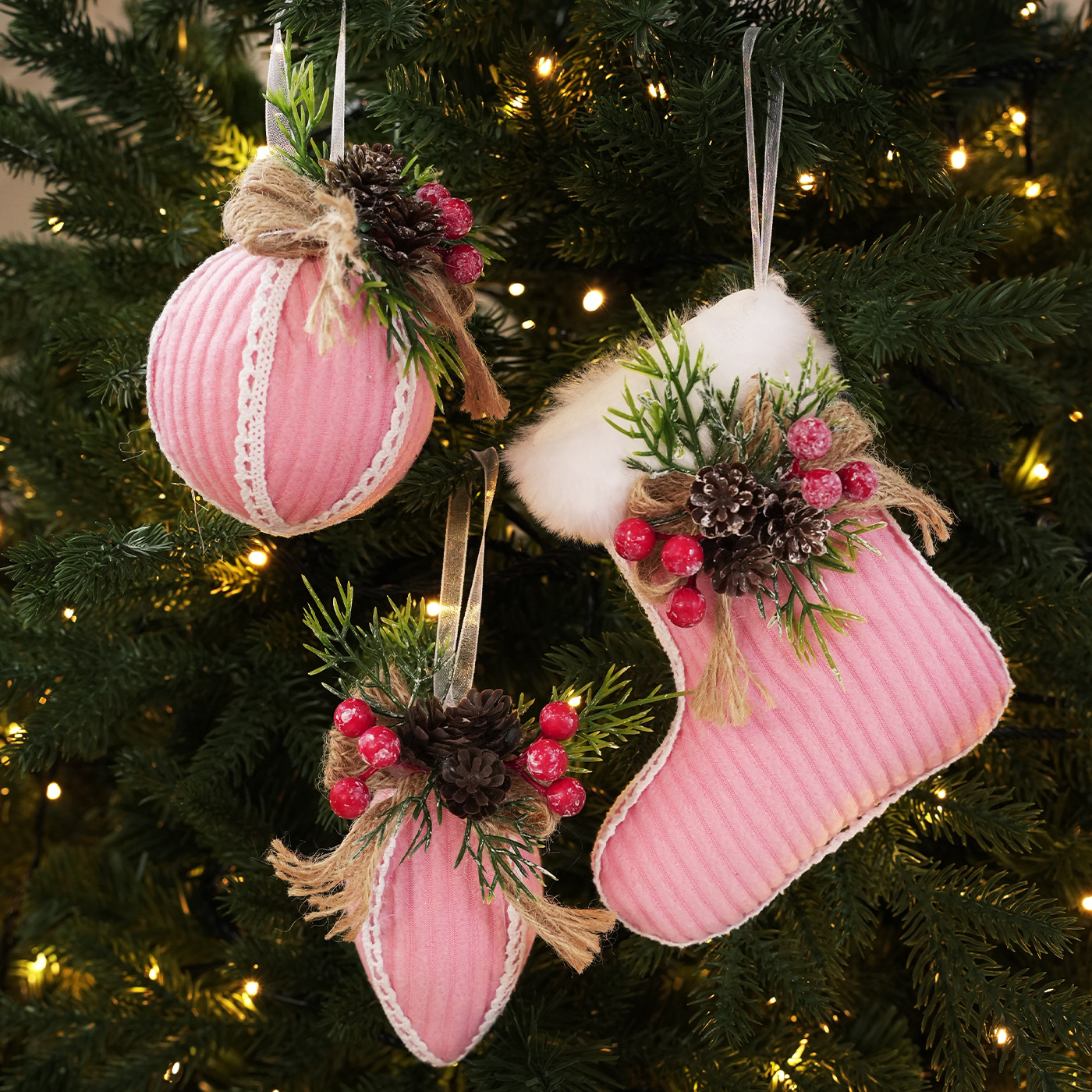 Tela transfronteriza calcetines de Navidad bordes blancos bola de Navidad pinos fruta creativa árbol de Navidad colgante colgante decoración