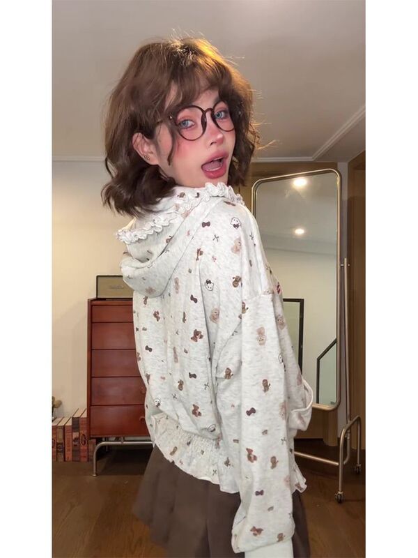 美式复古满印褶皱连帽卫衣女早秋新款慵懒风宽松开衫外套长袖上衣|undefined