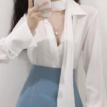 韩国代购正品 QK022气质女人味 温柔飘带半开领微透长袖衬衫se