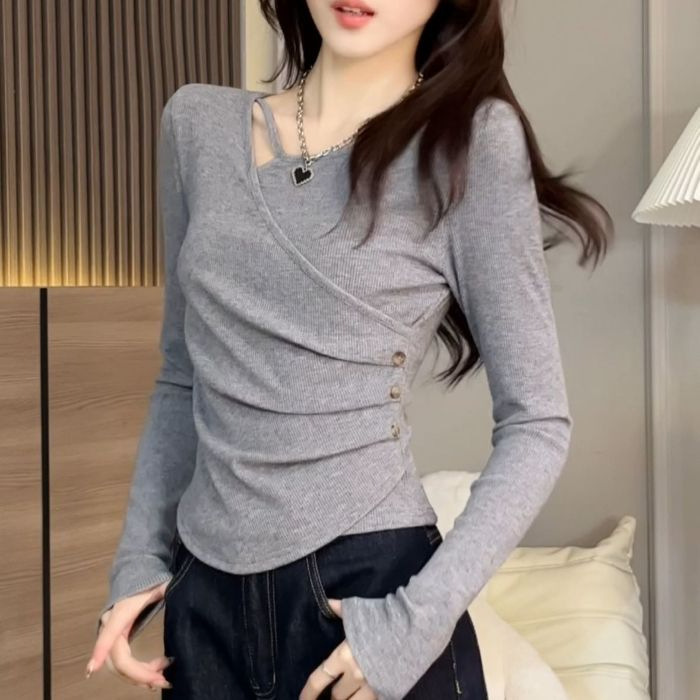 デザイン感のある長袖のデコルテtシャツの女性春と秋の2025韓国版の新型は腰を収めて身を修めてやせています。|undefined