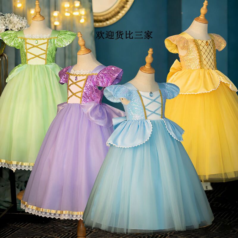 2025 New Cinderella Rapunzel Belle Dress Bow Girls Dress Children's Performance Costume