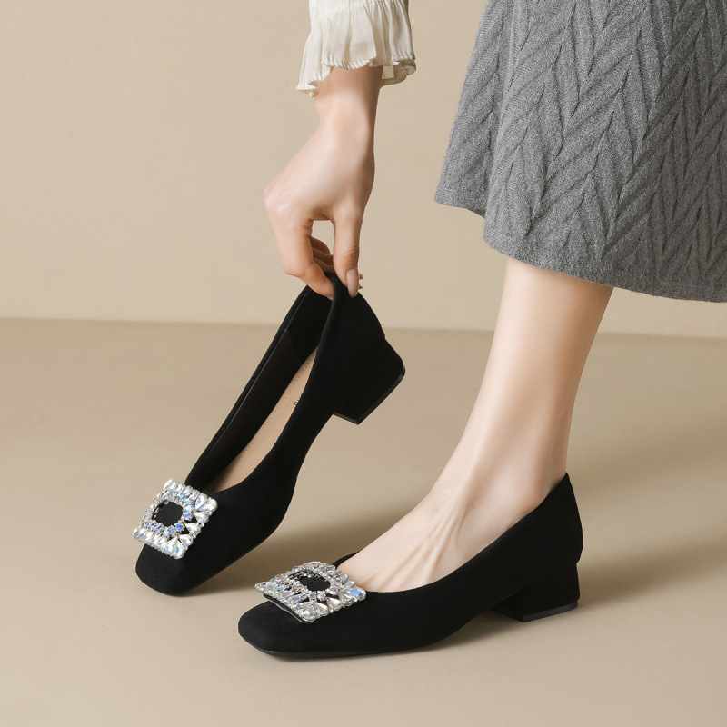 Spring New Style Genuine Leather Discount Round-Toe Shallow Low-Heel Chunky Heel Suede Rhinestone Versatile Casual Women's Shoes