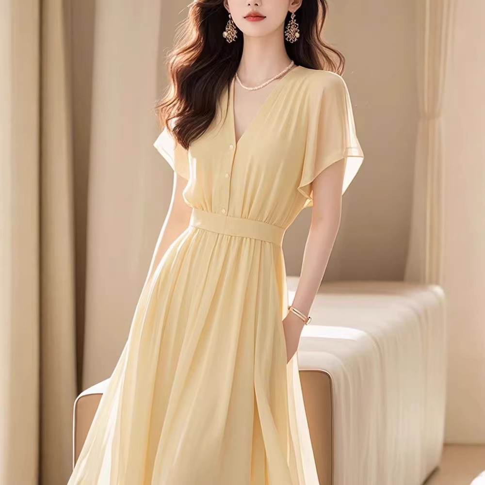 Đầm maxi nữ thắt eo chất liệu voan vàng nhạt phong cách Pháp — Vàng nhạt chi tiết 2