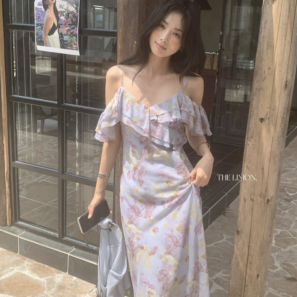 Đầm maxi nữ thắt eo cổ yếm họa tiết hoa nhí phong cách Pháp — màu tím