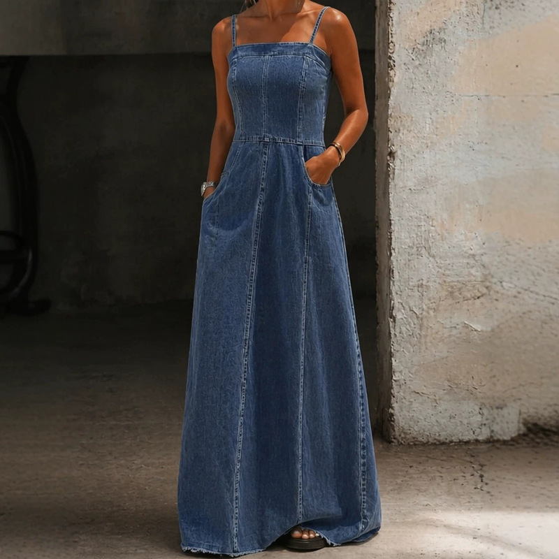 New cross-border dress: American-style distressed denim suspender dress with square neckline, slim fit, extra-long floor-length, and large hemline New cross-border dress: American-style distressed denim suspender dress with square neckline, slim fit, extra-long floor-length, and large hemline