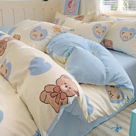 A类母婴级水洗棉四件套裸睡小清新ins床单床笠卡通被套学生三件套