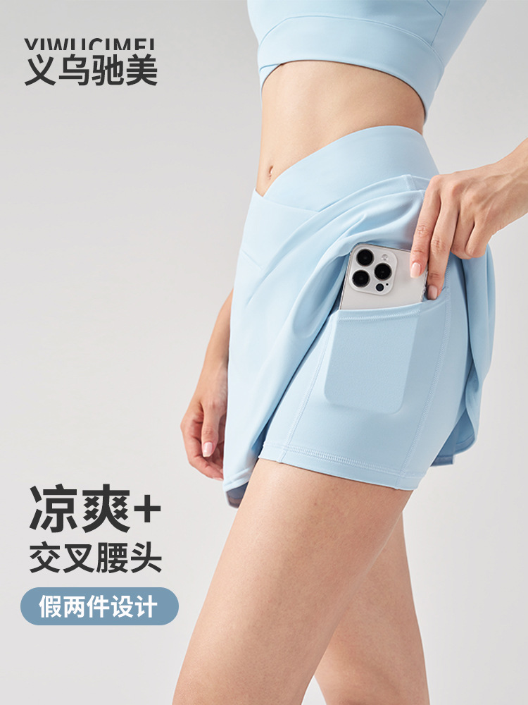 Verano nuevo estilo pantalones cortos de yoga falso dos deportes anti-luz falda de tenis de golf mujer cintura alta delgada con bolsillos