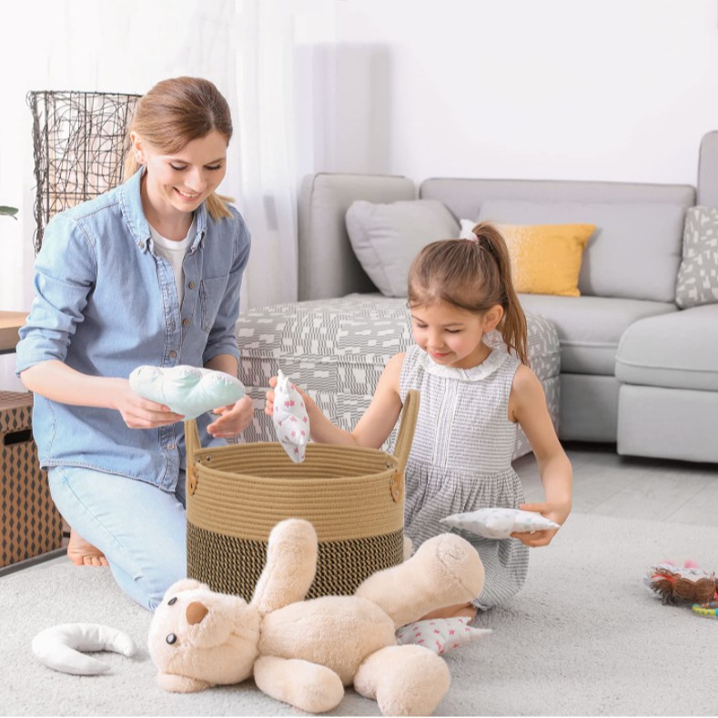 Cesta de almacenamiento tejida de hilo de algodón al por mayor transfronteriza, cesta de almacenamiento de ropa de juguete grande multifuncional para el hogar, cesta de ropa sucia