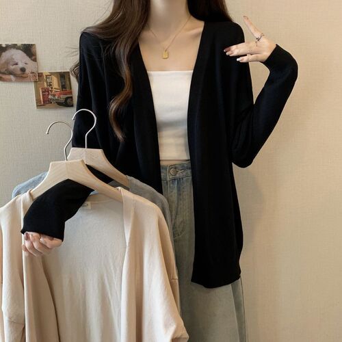 Retro chic, effortless loose thin long-sleeved knit sweater, slimming sun protection jacket, shawl-style outerwear, layering air conditioning shirt