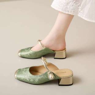 Chinese Style Baotou Half Slippers for Women Soft Leather 2025 New Summer Gentle French Mary Jane Women's Sandals with Skirt