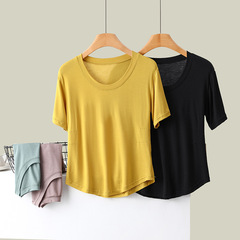 モーデール半袖tシャツ女性の夏の新型韓国版丸首の修身円弧のしわの上着の中に女性の底のシャツを掛けます。