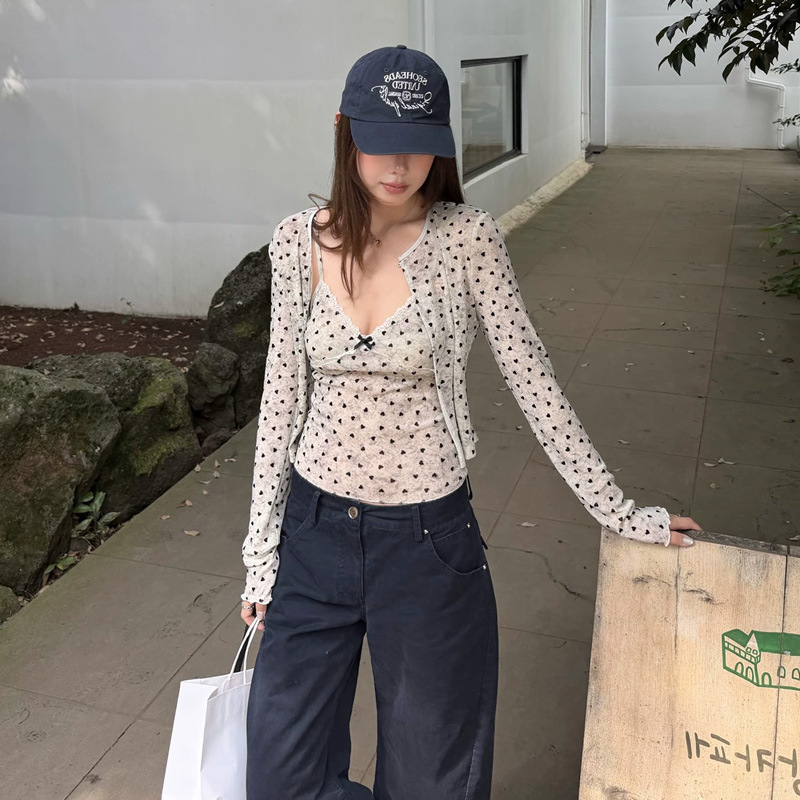 Youthful and Energetic 'Chichi Xuefu' Multi-style Pure Desire Style Tie-dye Printed Flocked Lace Camisole Short-sleeve Sunscreen Cardigan