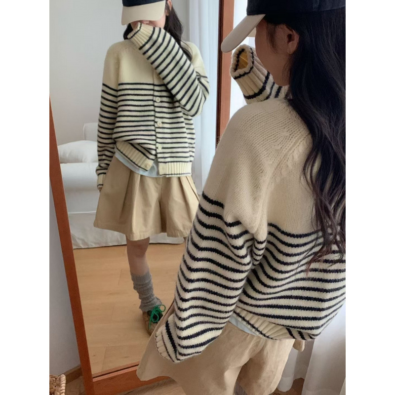 Kaning Korean Style Round Neck Striped Color-Blocking Knitted Cardigan 2026 Autumn and Winter New Loose Versatile Sweater Jacket