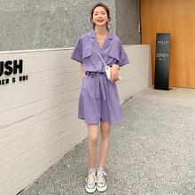高级感紫色工装连体短裤女夏薄款2023新款小个子雪纺连身衣裤套装