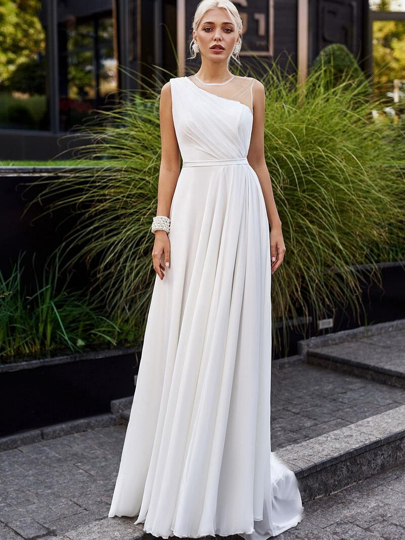 2025 nuevo vestido de novia de doble hombro blanco de cuello redondo de chiffon francés vestido de novia de cola pequeña image 5