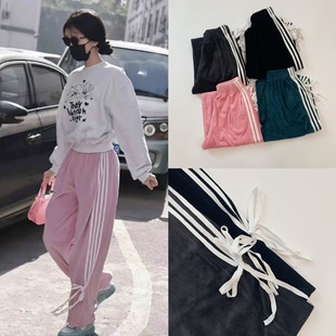 Special clearance is not refunded awe Yu Shuxin with striped bow design velvet straight leg pants