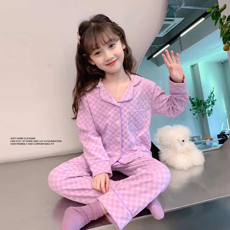 Pijamas de ternilla caliente para niños niñas primavera y otoño invierno set de ropa de casa para niños cuello casual de cuadrícula ropa de casa